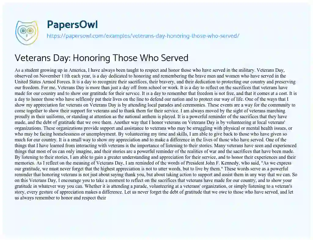 Essay on Veterans Day: Honoring Those Who Served