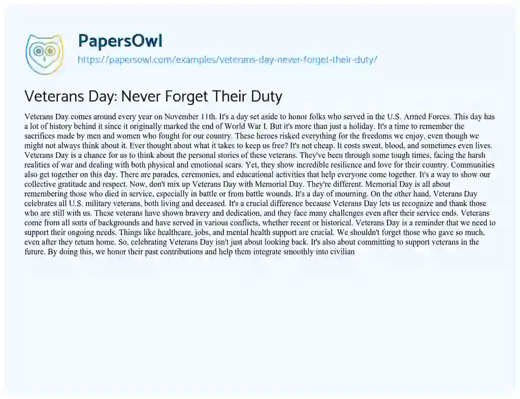 Essay on Veterans Day: Never Forget their Duty