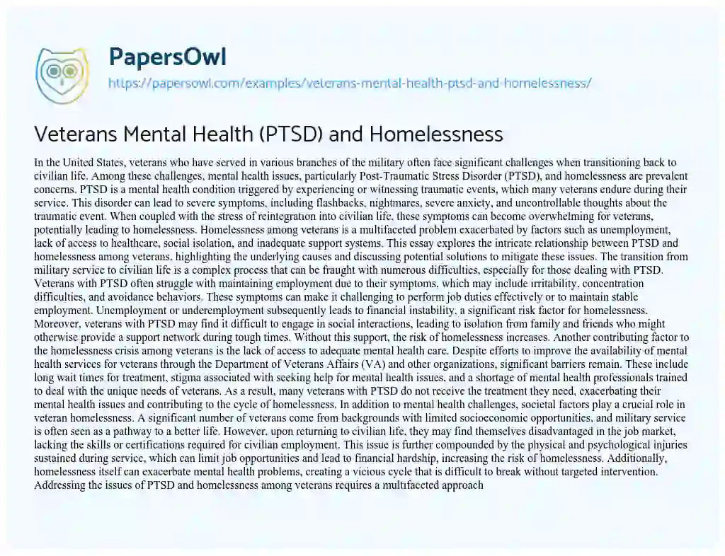 Essay on Veterans Mental Health (PTSD) and Homelessness