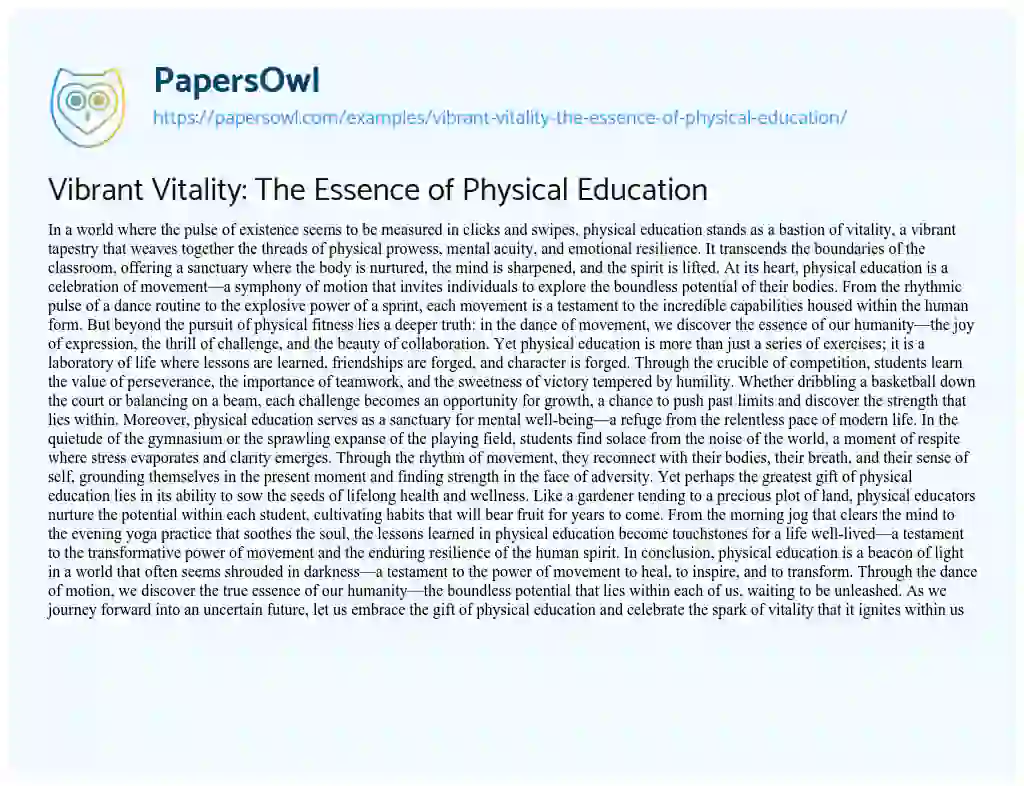 Essay on Vibrant Vitality: the Essence of Physical Education