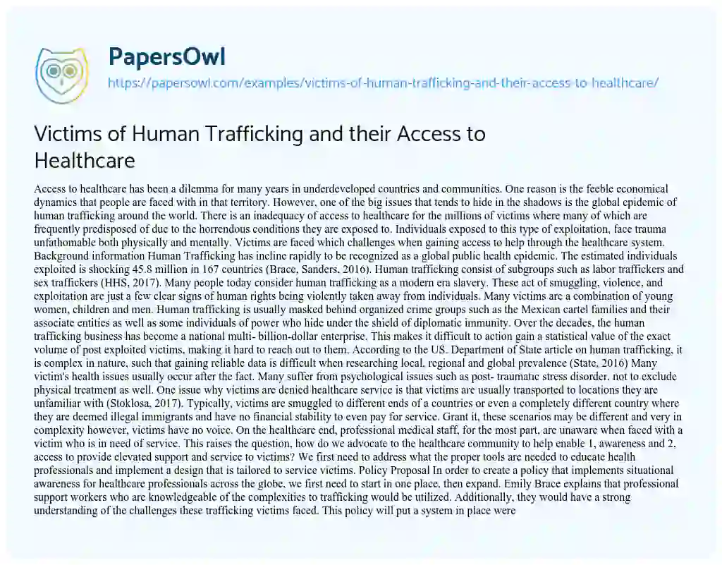 Essay on Victims of Human Trafficking and their Access to Healthcare