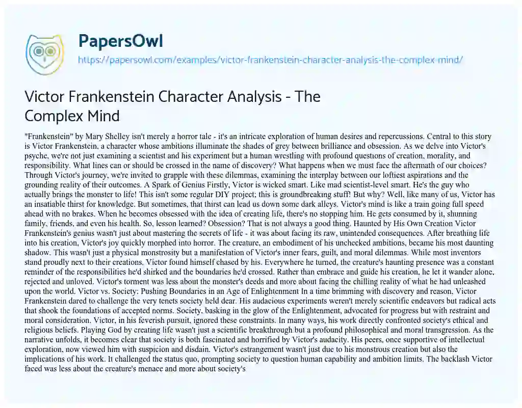 Essay on Victor Frankenstein Character Analysis – the Complex Mind