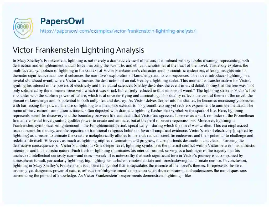 Essay on Victor Frankenstein Lightning Analysis