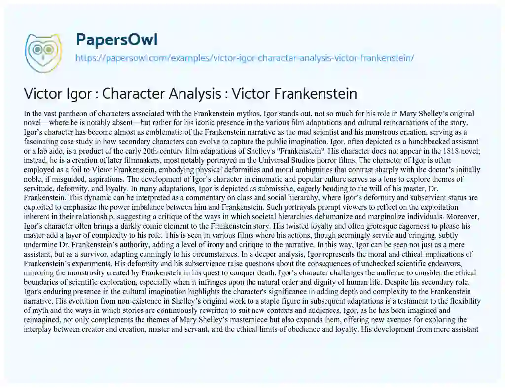 Essay on Victor Igor : Character Analysis : Victor Frankenstein