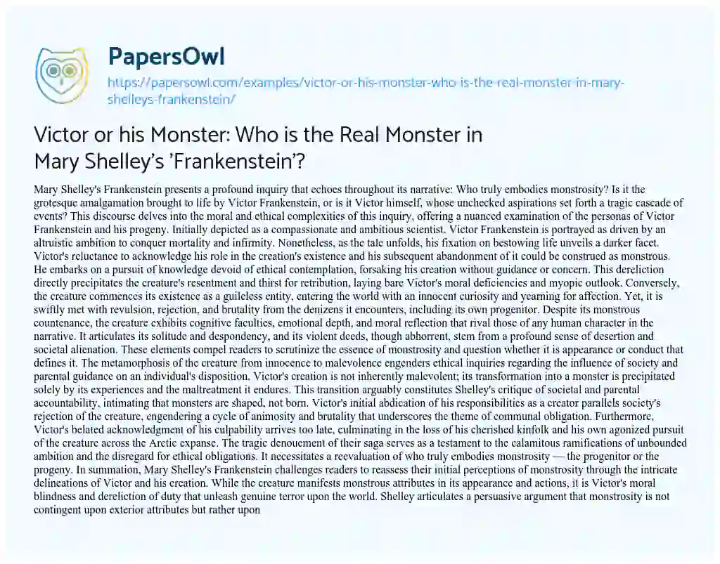 essay on the monster in frankenstein