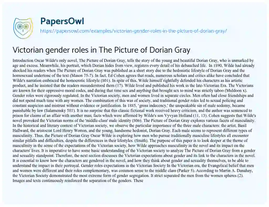 Essay on Victorian Gender Roles in the Picture of Dorian Gray