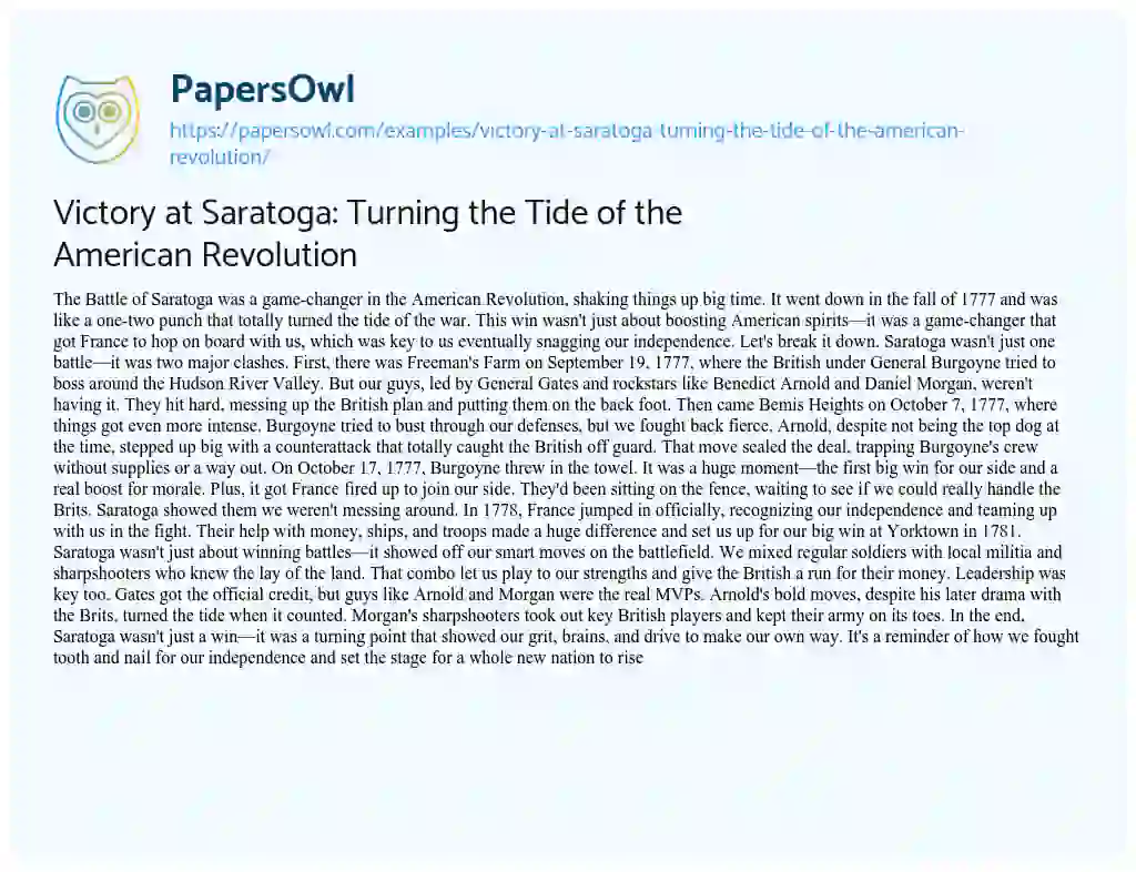 Essay on Victory at Saratoga: Turning the Tide of the American Revolution