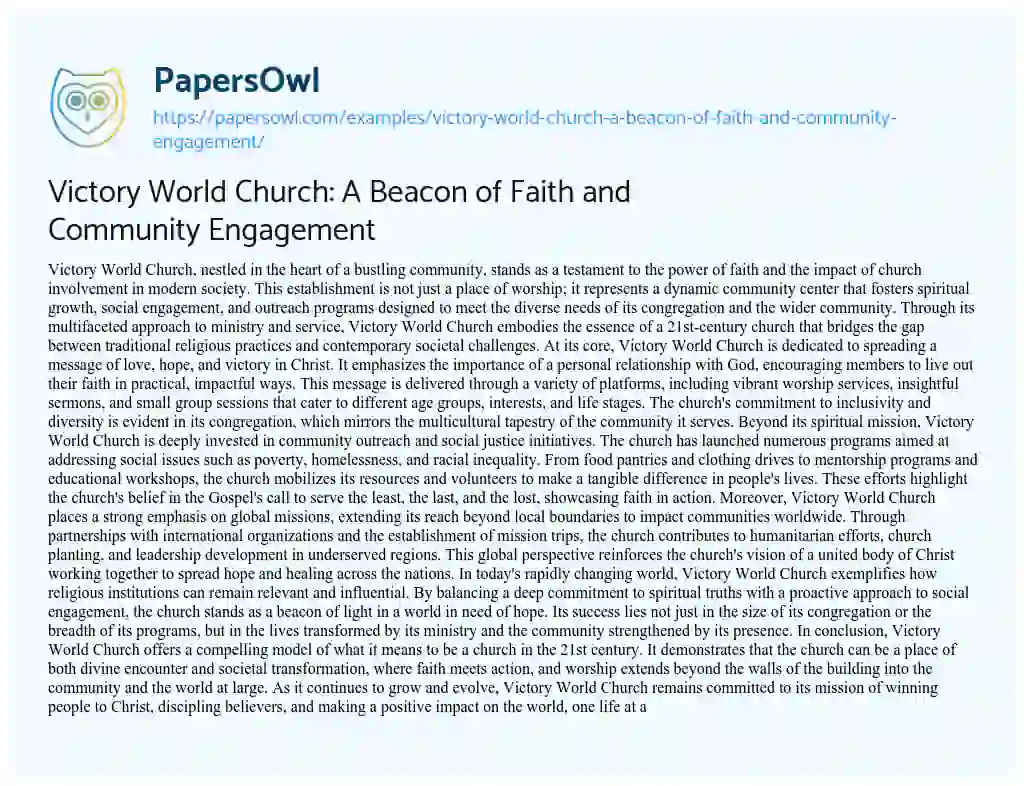 Essay on Victory World Church: a Beacon of Faith and Community Engagement