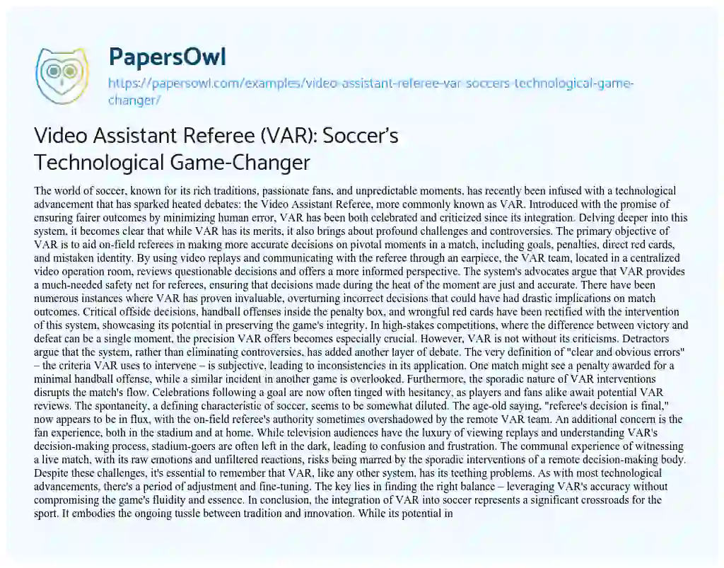 Essay on Video Assistant Referee (VAR): Soccer’s Technological Game-Changer
