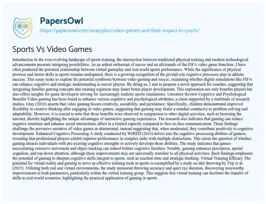 Essay on Video Games and Their Impact in Sports