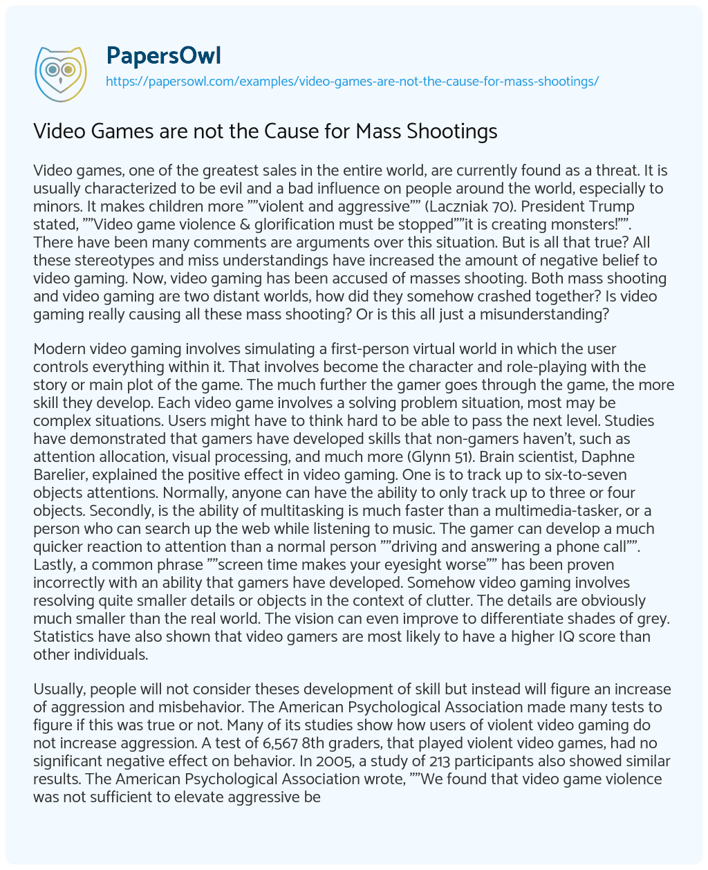 Essay on Video Games are not the Cause for Mass Shootings