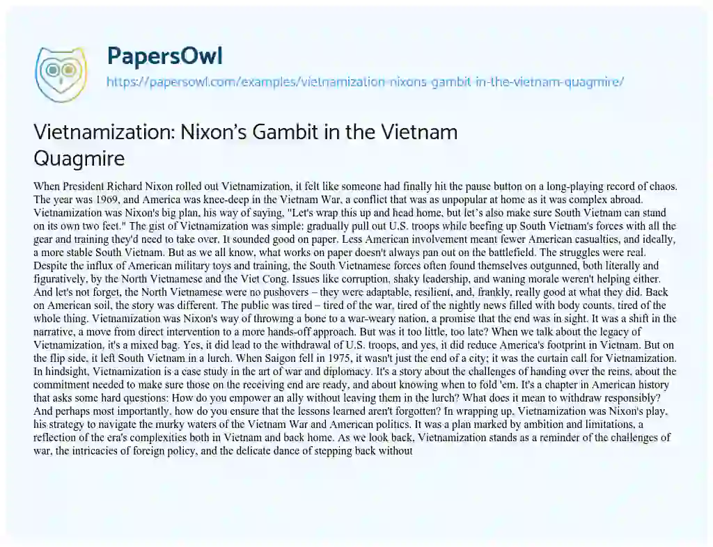 Essay on Vietnamization: Nixon’s Gambit in the Vietnam Quagmire