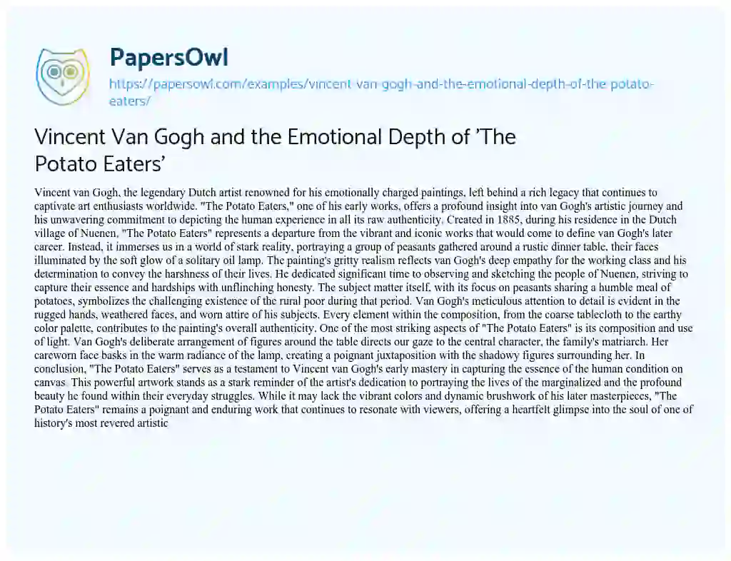 Essay on Vincent Van Gogh and the Emotional Depth of ‘The Potato Eaters’