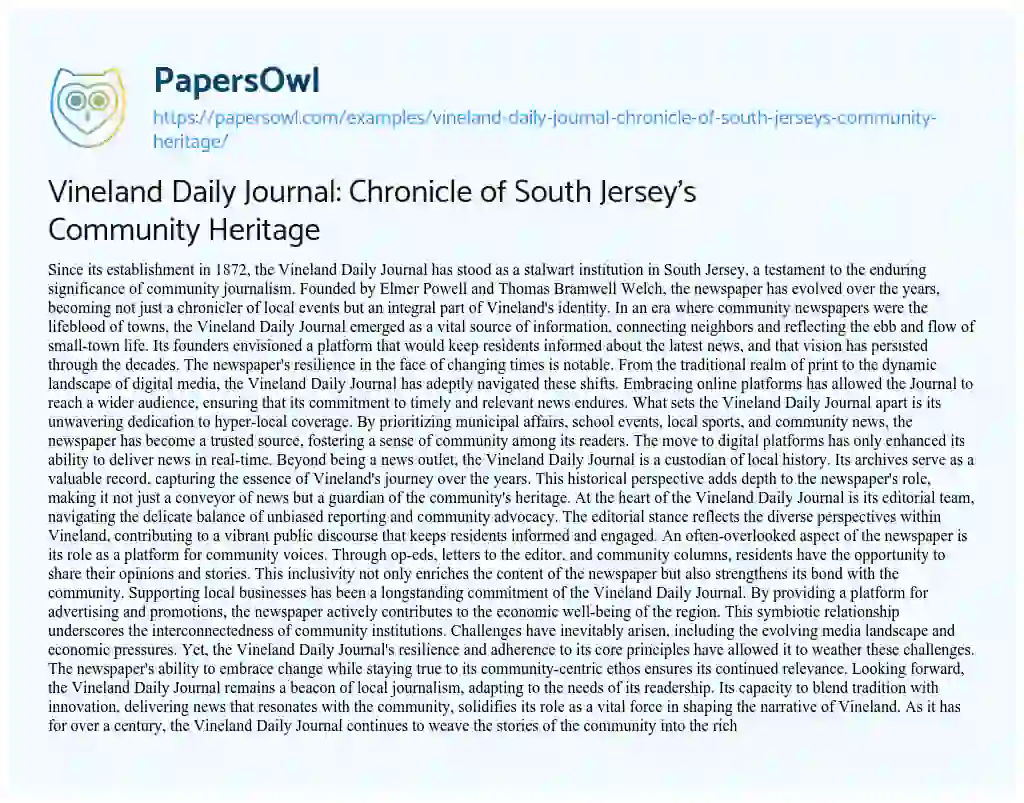 Essay on Vineland Daily Journal: Chronicle of South Jersey’s Community Heritage