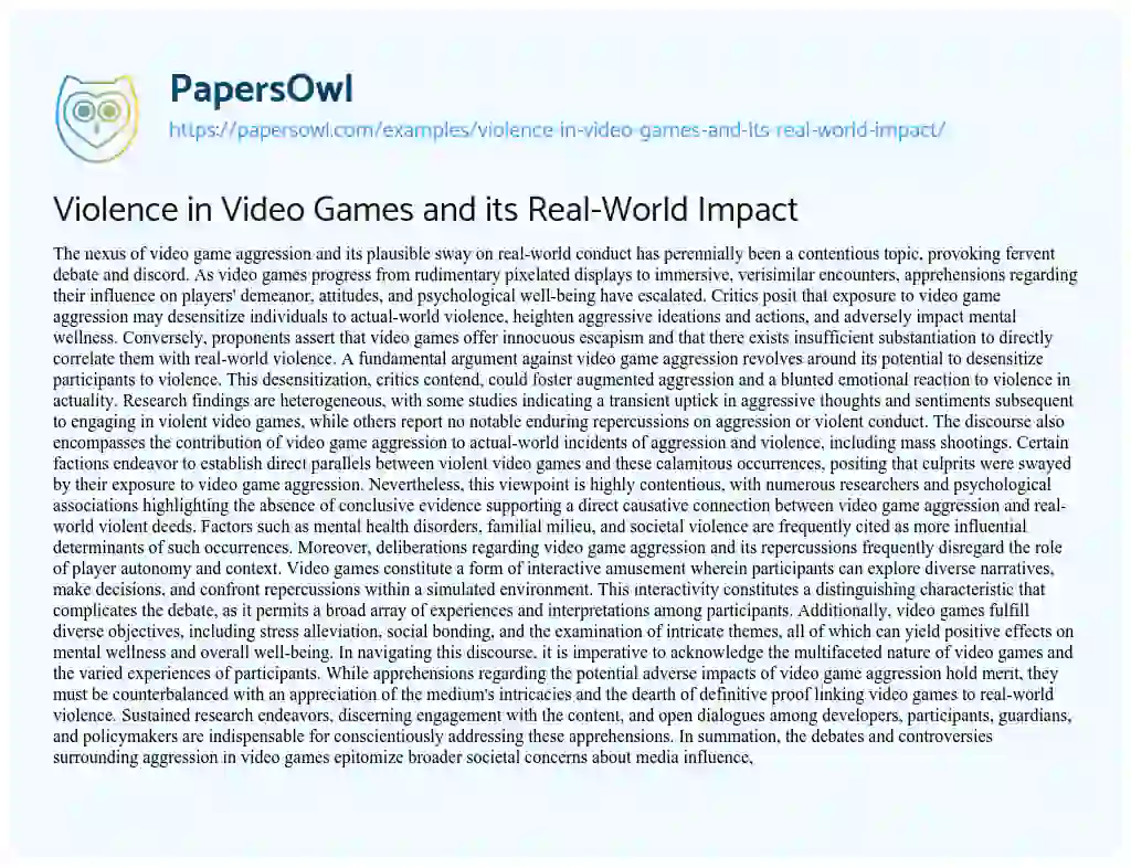 Essay on Violence in Video Games and its Real-World Impact