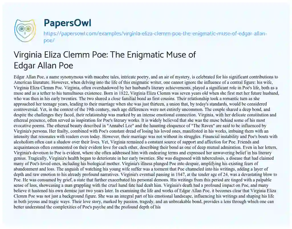 Essay on Virginia Eliza Clemm Poe: the Enigmatic Muse of Edgar Allan Poe