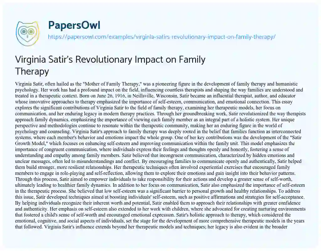 Essay on Virginia Satir’s Revolutionary Impact on Family Therapy