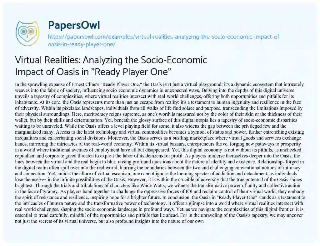 Essay on Virtual Realities: Analyzing the Socio-Economic Impact of Oasis in “Ready Player One”