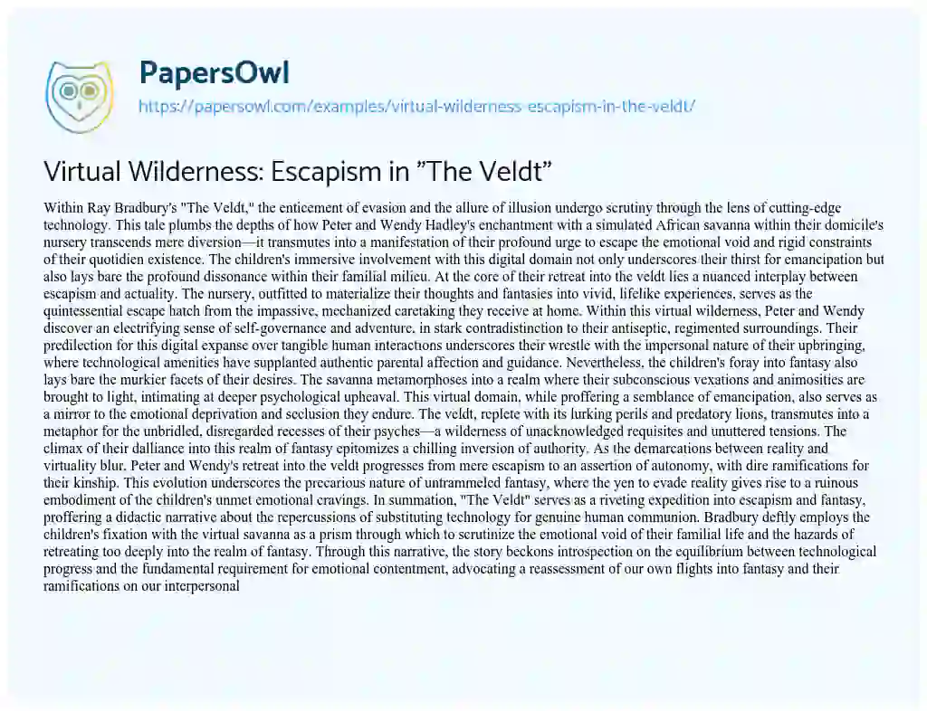 Essay on Virtual Wilderness: Escapism in “The Veldt”