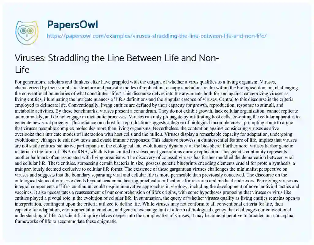 Essay on Viruses: Straddling the Line between Life and Non-Life