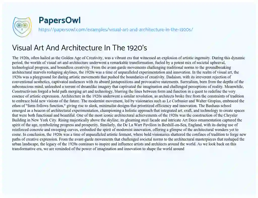 Essay on Visual Art and Architecture in the 1920’s