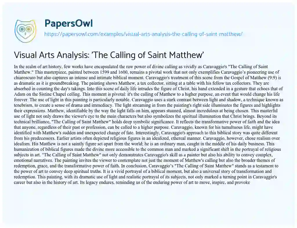 Essay on Visual Arts Analysis: ‘The Calling of Saint Matthew’