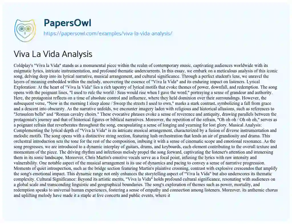 Essay on Viva La Vida Analysis