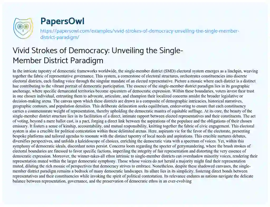 Essay on Vivid Strokes of Democracy: Unveiling the Single-Member District Paradigm