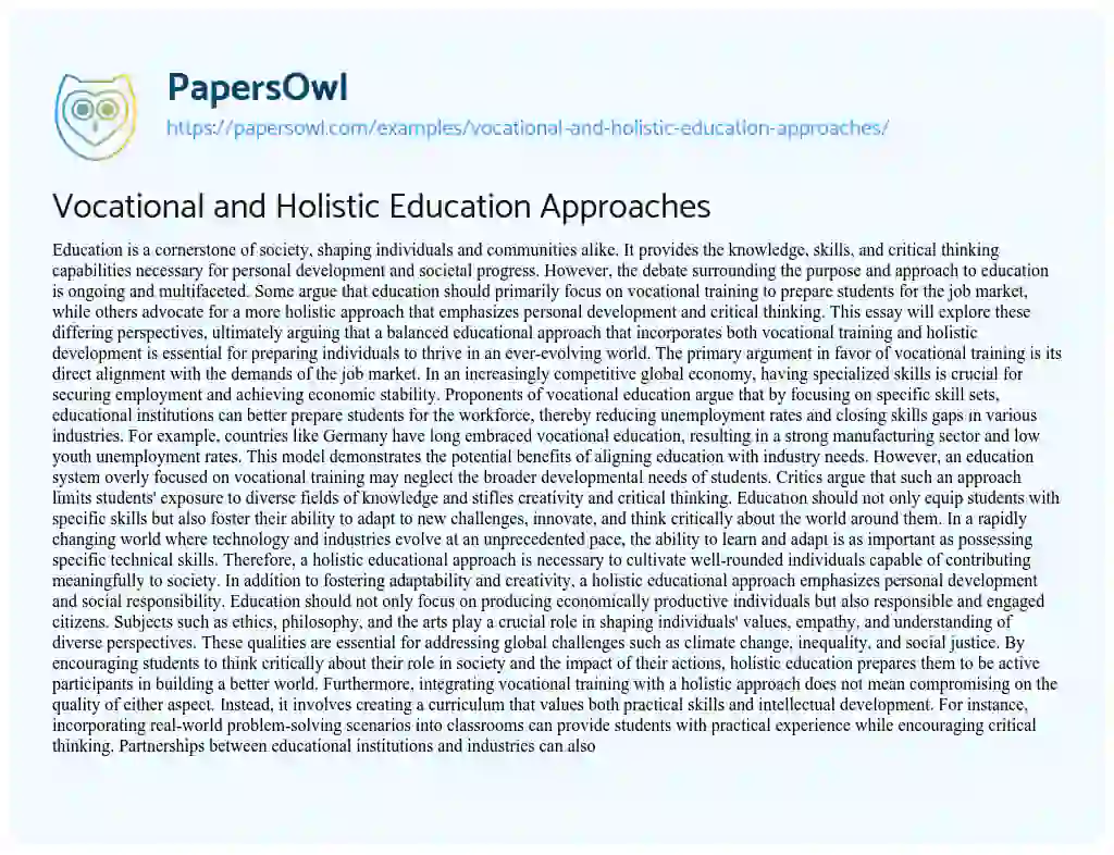 Essay on Vocational and Holistic Education Approaches