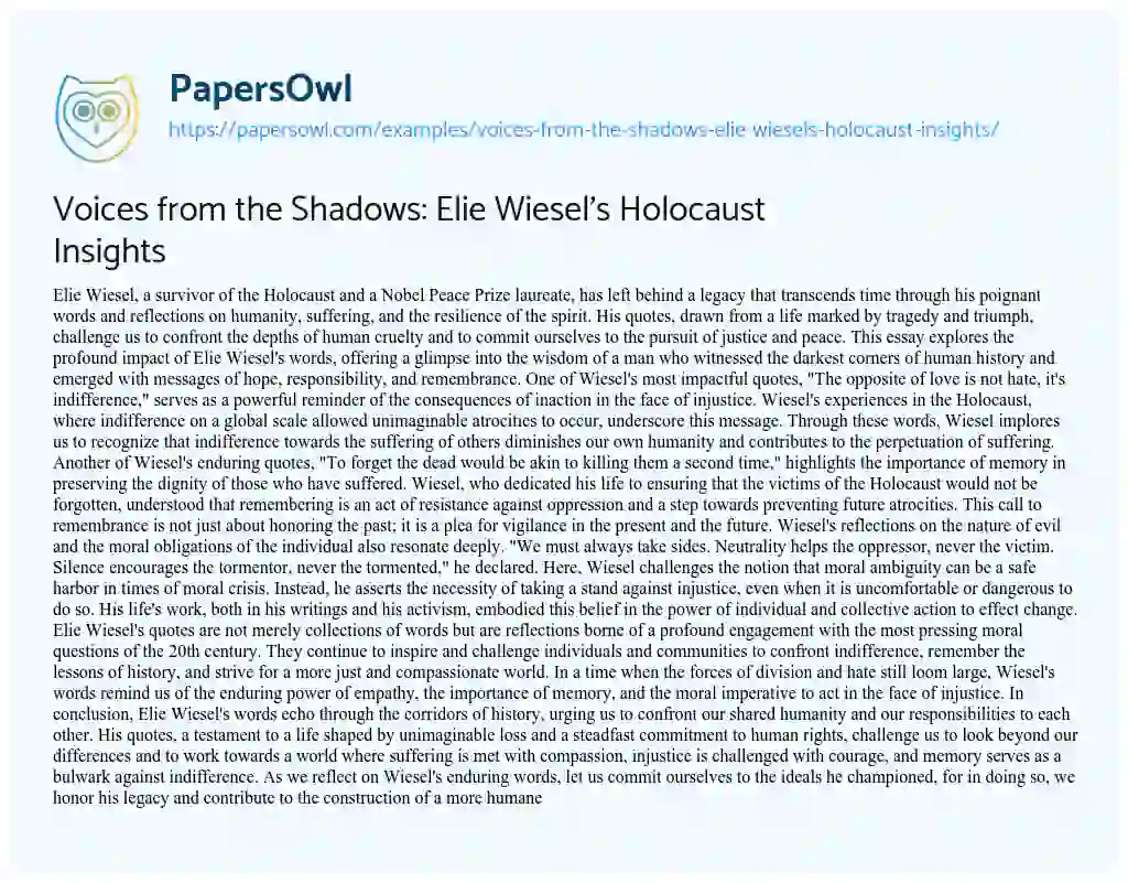 Essay on Voices from the Shadows: Elie Wiesel’s Holocaust Insights