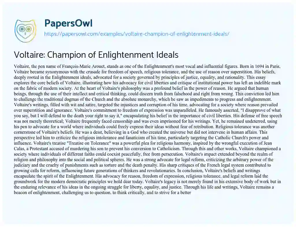 Essay on Voltaire: Champion of Enlightenment Ideals