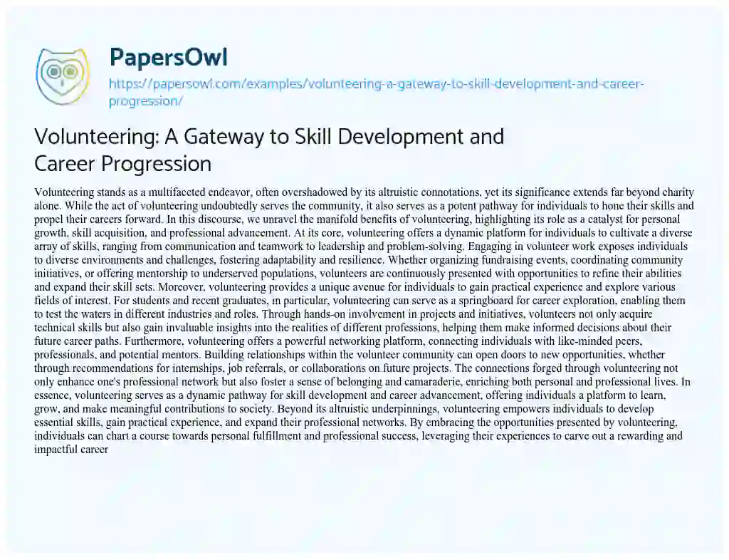Essay on Volunteering: a Gateway to Skill Development and Career Progression