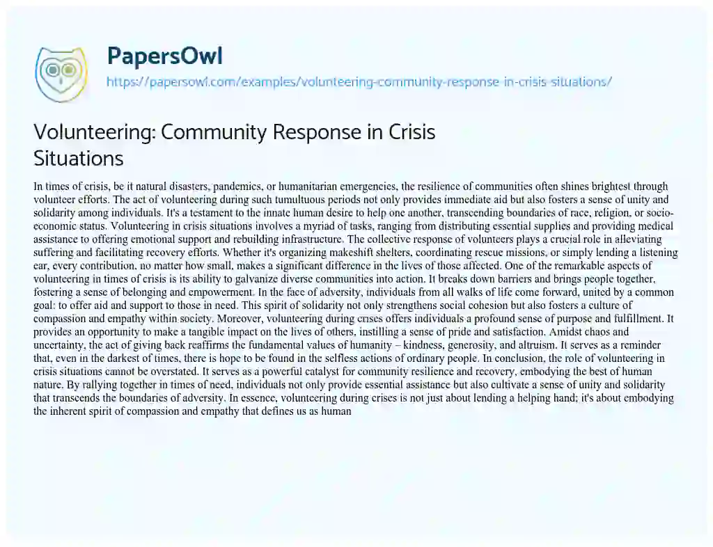 Essay on Volunteering: Community Response in Crisis Situations