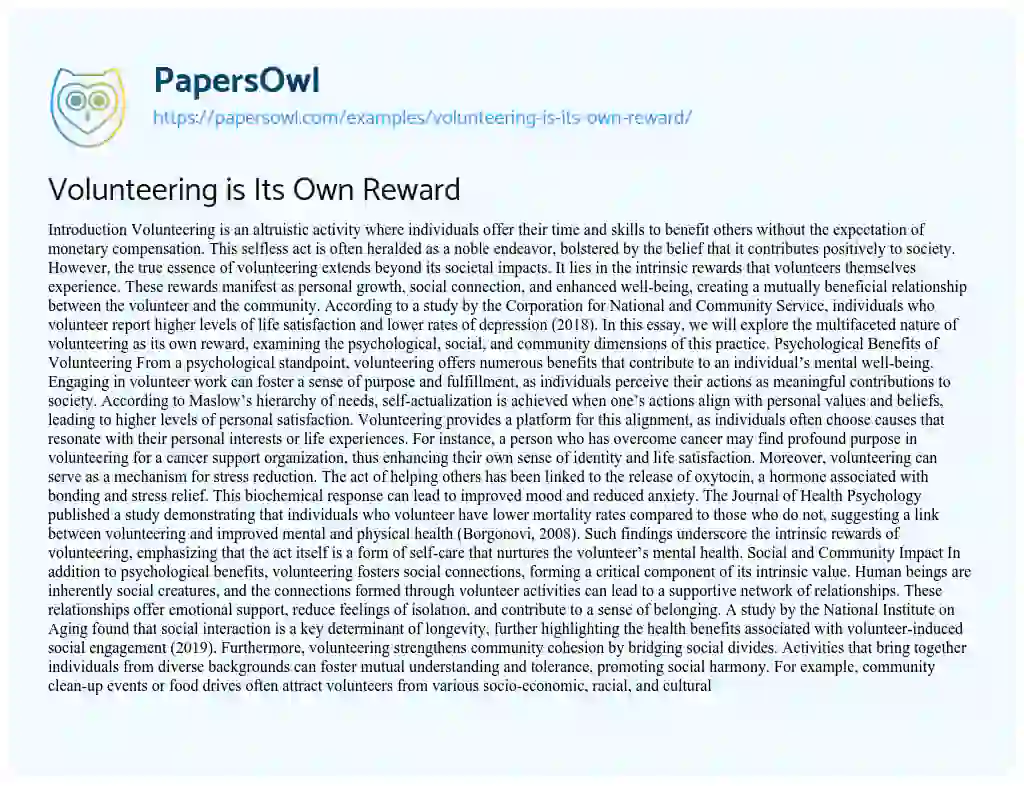 Essay on Volunteering is Its Own Reward
