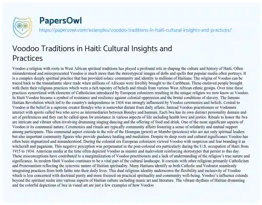 Essay on Voodoo Traditions in Haiti: Cultural Insights and Practices