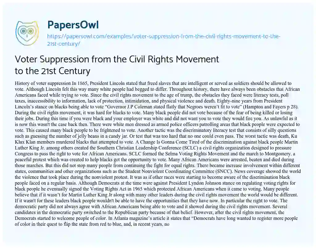 Essay on Voter Suppression from the Civil Rights Movement to the 21st Century