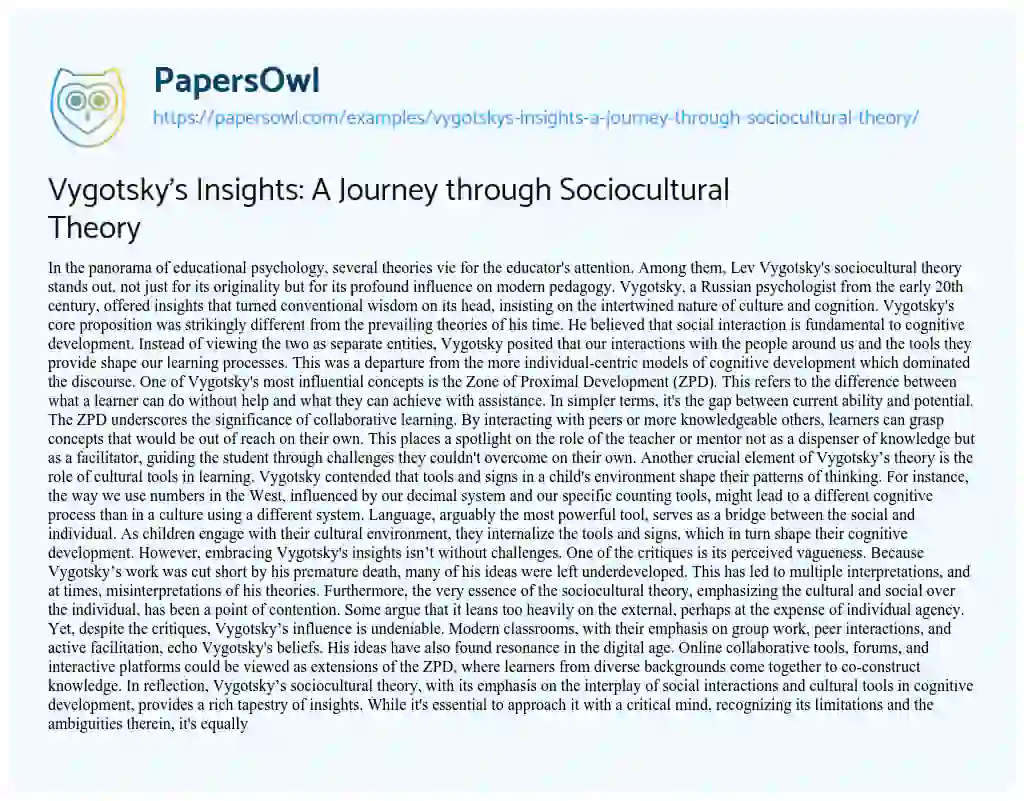 Essay on Vygotsky’s Insights: a Journey through Sociocultural Theory