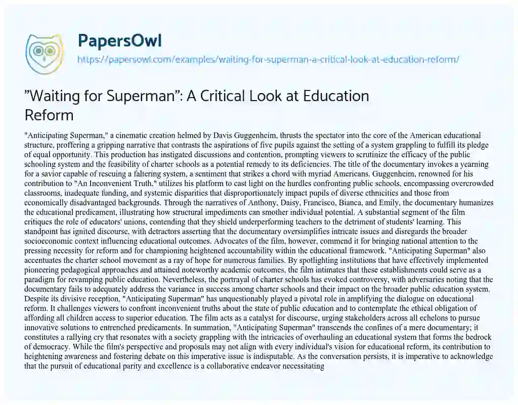 Essay on “Waiting for Superman”: a Critical Look at Education Reform