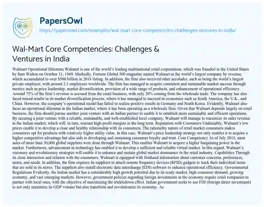 Essay on Wal-Mart Core Competencies: Challenges & Ventures in India