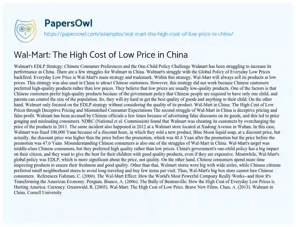 Essay on Wal-Mart: the High Cost of Low Price in China