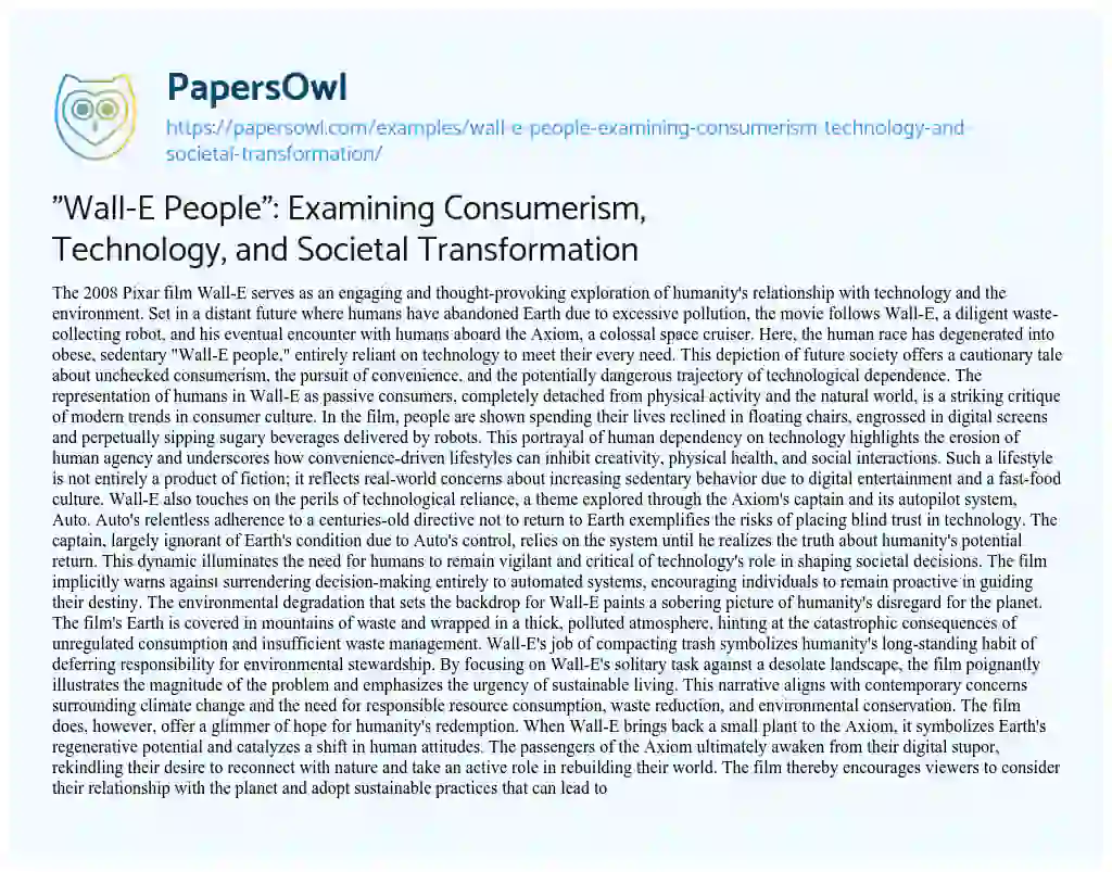 Essay on “Wall-E People”: Examining Consumerism, Technology, and Societal Transformation