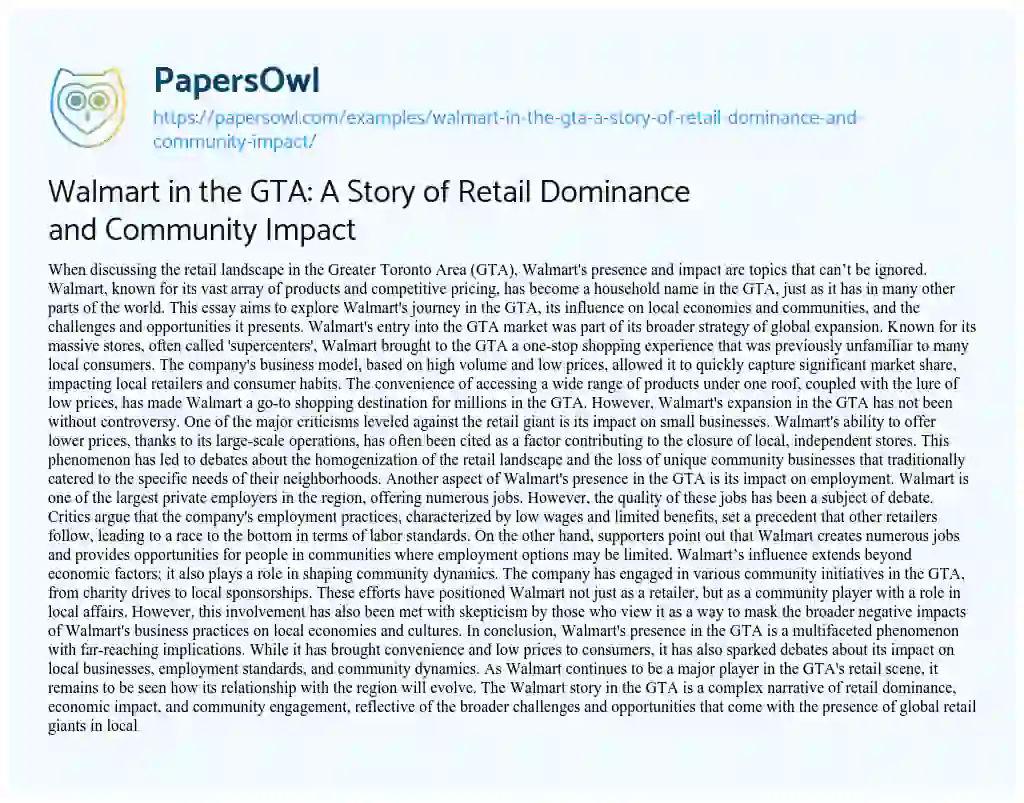 Essay on Walmart in the GTA: a Story of Retail Dominance and Community Impact