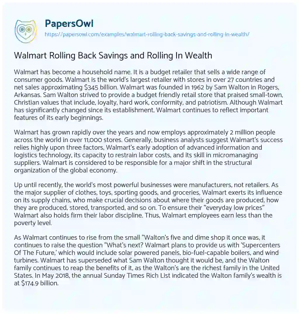 Essay on Walmart Rolling Back Savings and Rolling in Wealth