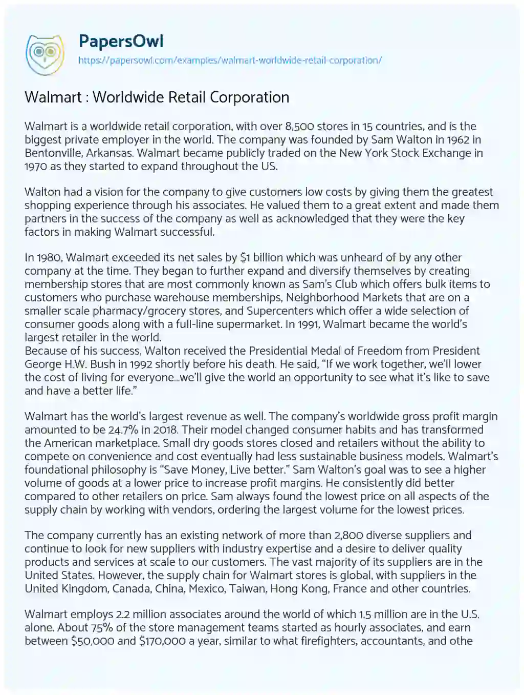 Essay on Walmart : Worldwide Retail Corporation