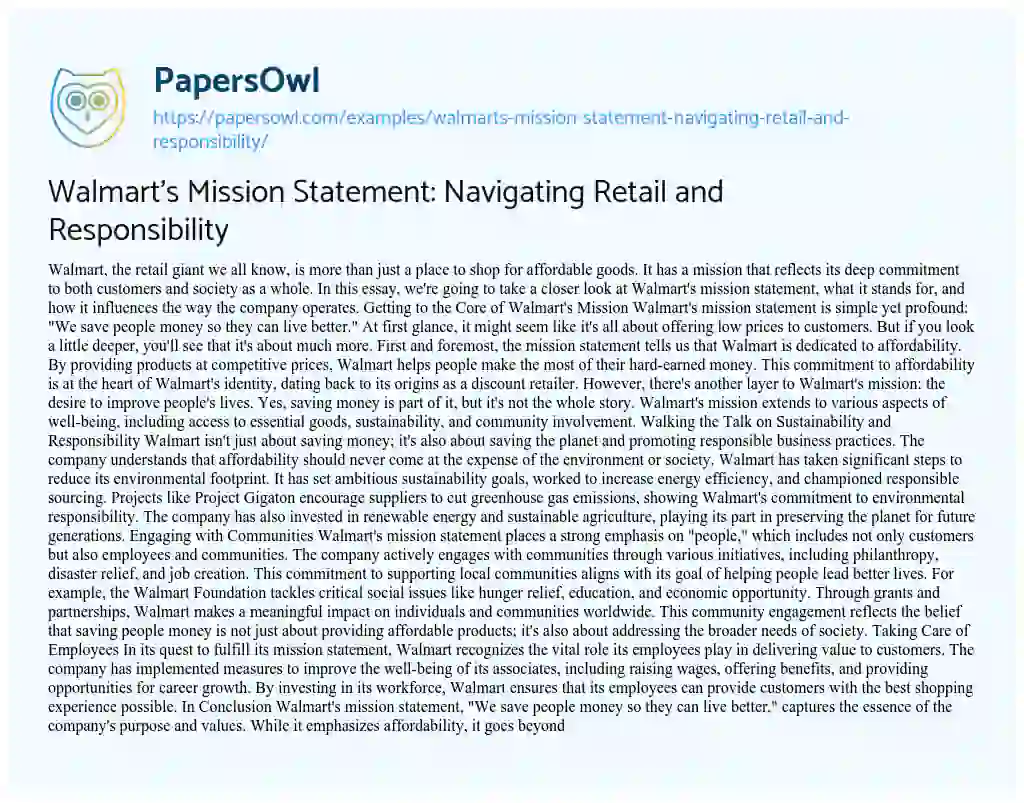 Essay on Walmart’s Mission Statement: Navigating Retail and Responsibility