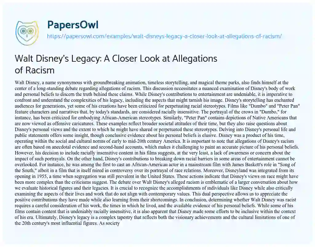 Essay on Walt Disney’s Legacy: a Closer Look at Allegations of Racism