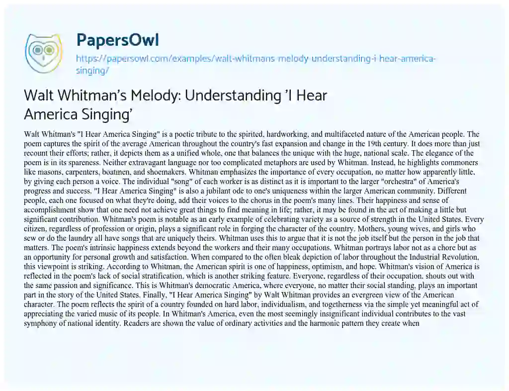 Essay on Walt Whitman’s Melody: Understanding ‘I Hear America Singing’