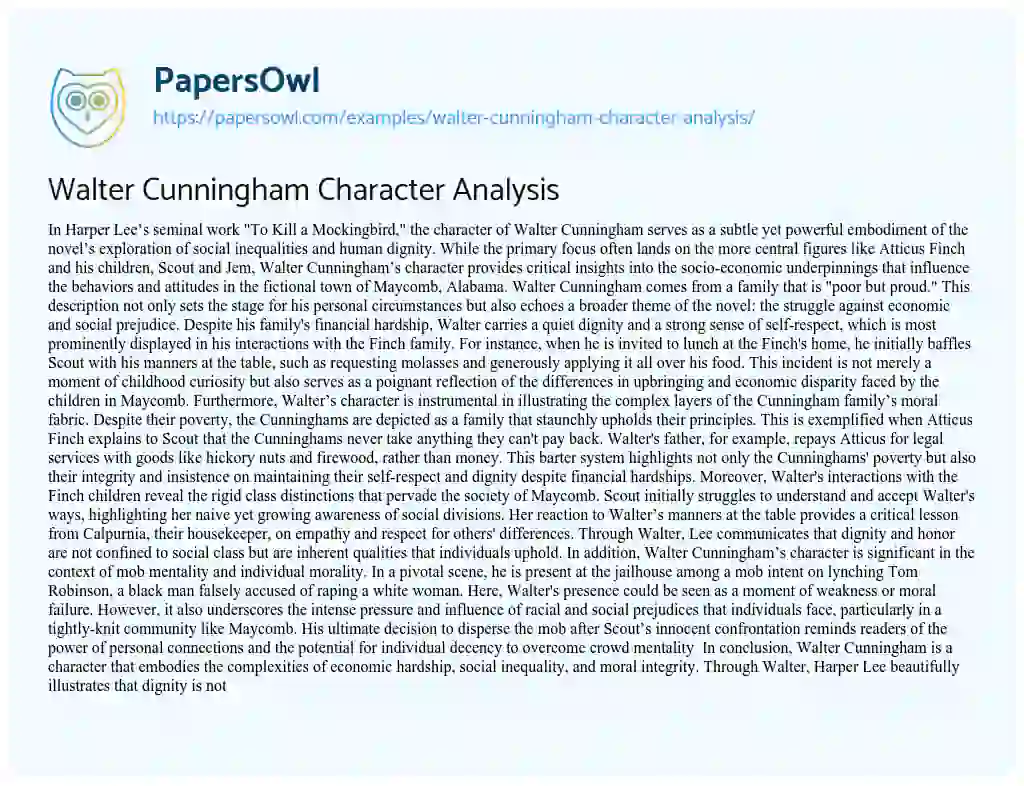 Essay on Walter Cunningham Character Analysis