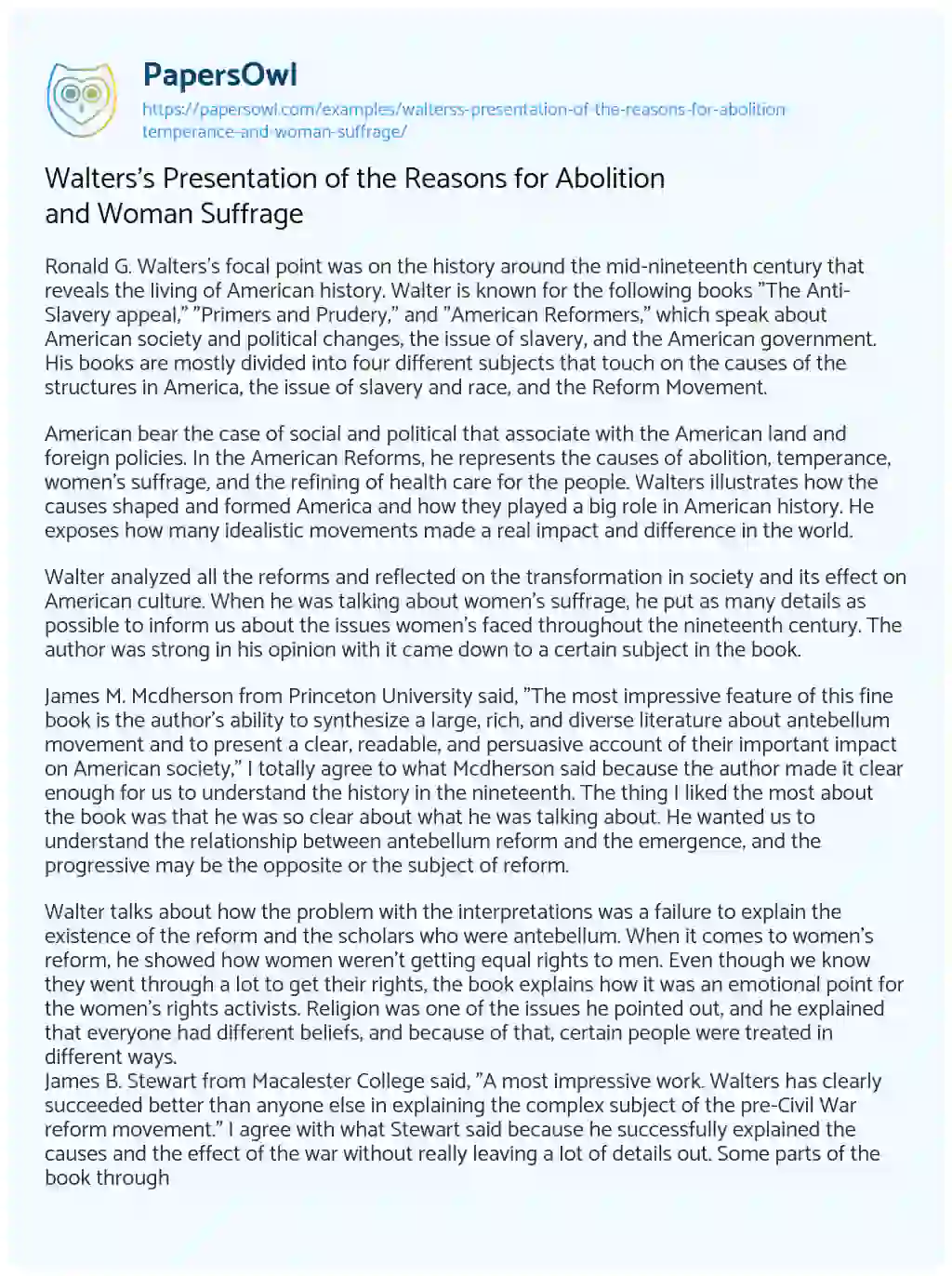 Essay on Walters’s Presentation of the Reasons for Abolition and Woman Suffrage