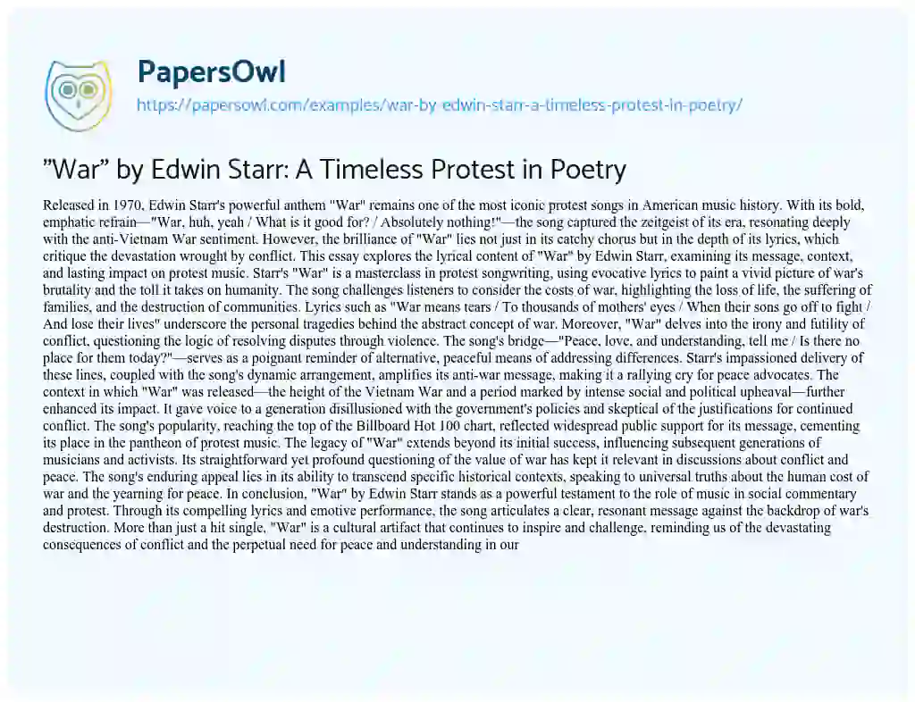 Essay on “War” by Edwin Starr: a Timeless Protest in Poetry
